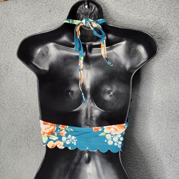 CUPSHE Women's Small NWOT Turquoise Floral Halter Bathing Suit Top - Picture 2 of 4